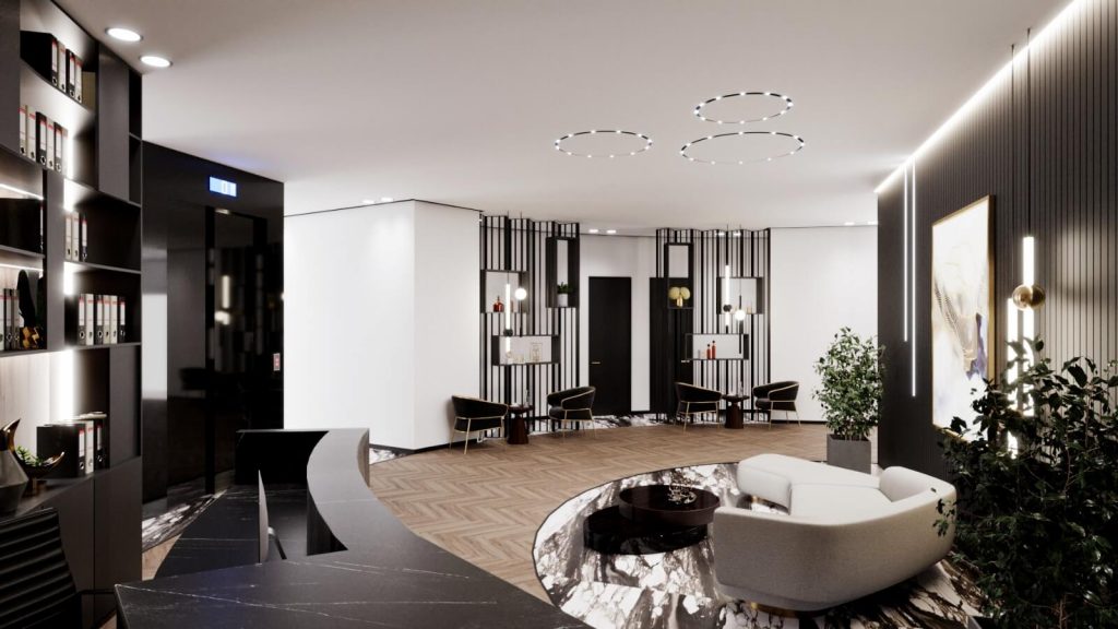 הדמייה מטבחון צד שמאל הדמייה פינת ספרייה עיצוב פנים משרדים אולם אירועים הרמוזו מודיעין